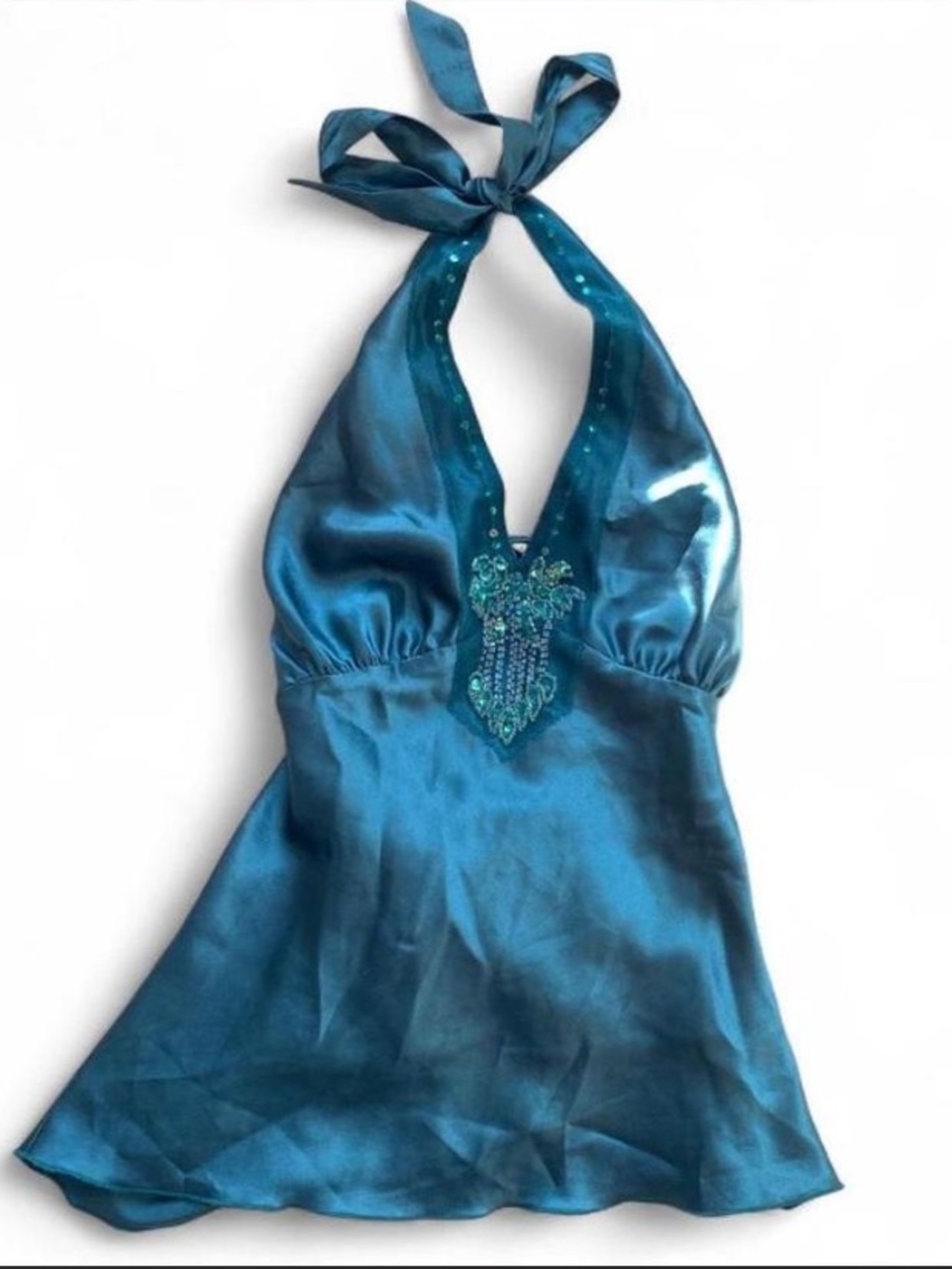 Teal Satin Halter Top with Beaded Accent